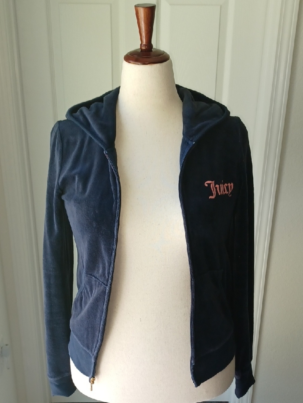 Juicy Couture Navy Velour Zip Hoodie with Pink Logo Large